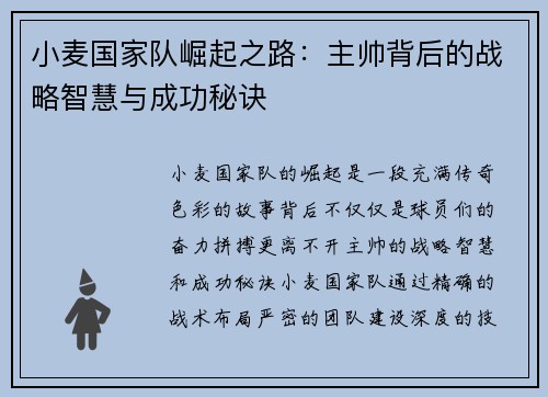 小麦国家队崛起之路：主帅背后的战略智慧与成功秘诀